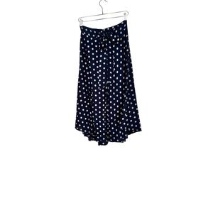 Anthropologie Navy Blue Skirt with White Polka Dots Assymetrical Hem Waist Bow‎